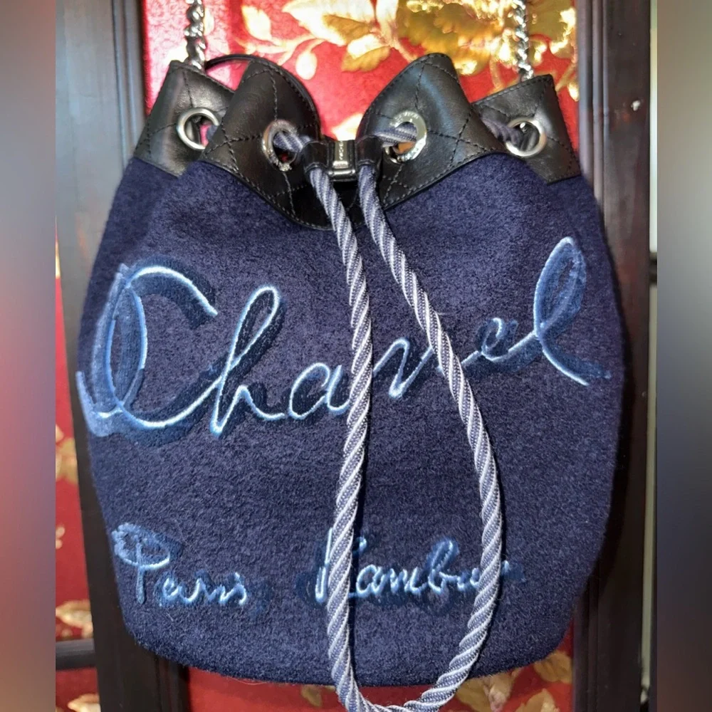 Authentic CHANEL CAMBON Blue Embroidery Matelasse Wool/Leather Bucket-bag-EUC💎 - Picture 2 of 15